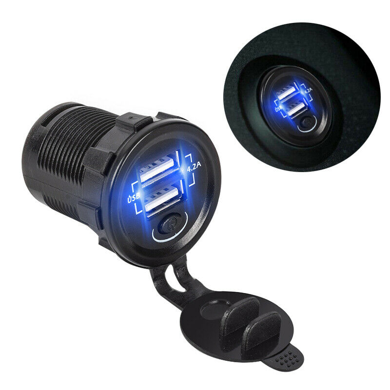 12V-24V Car ATV UTV Phone Charger Dual USB +2.1A Power Socket Blue LED w/ Switch