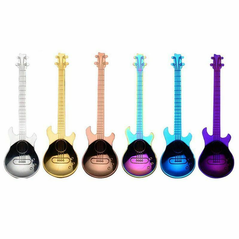 1X(6 Pcs Coffee Teaspoons Guitar Spoon,Stainless Steel Colorful Dessert Spoo5G6)