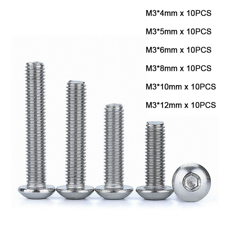 60Pcs M3 Button Head Screws Allen Socket Bolt Kit -A4 Stainless L4/5/6/8/10/12mm