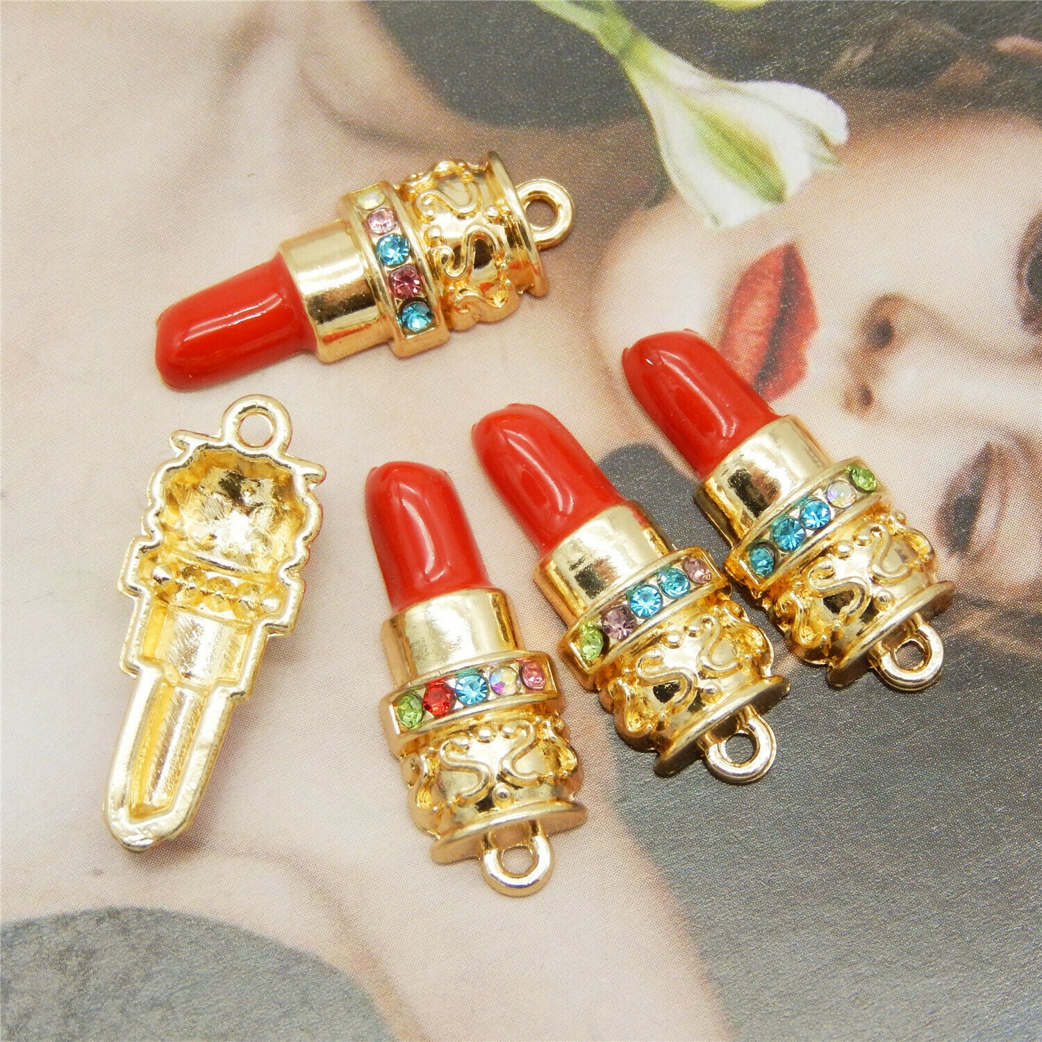 10 pcs Metal Lipstick Enamel Charm Zircon Crystal Pendant Earring Craft 26*10mm