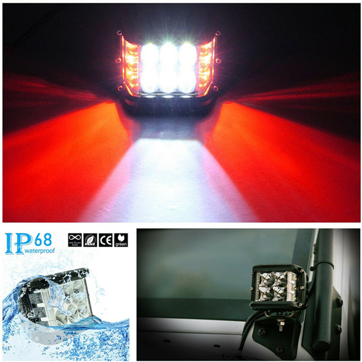 1 Pcs DC10-48V 4'' 9000LM 12LED Work Light 45W Side Shooter Combo Beam White+Red