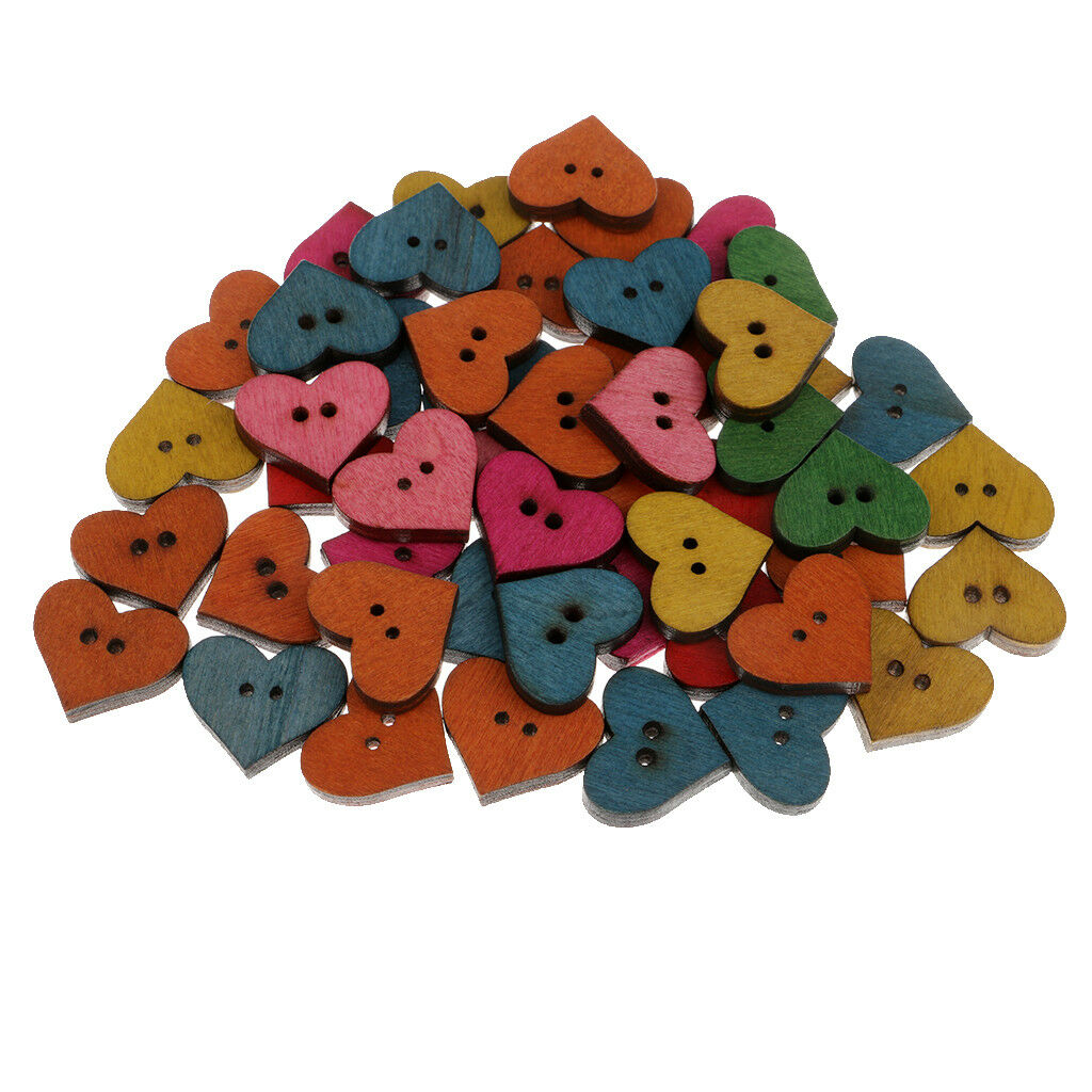 50pcs Heart Shape Wooden 2 Holes Crafts Buttons for Sewing Scrapbooking 19mm