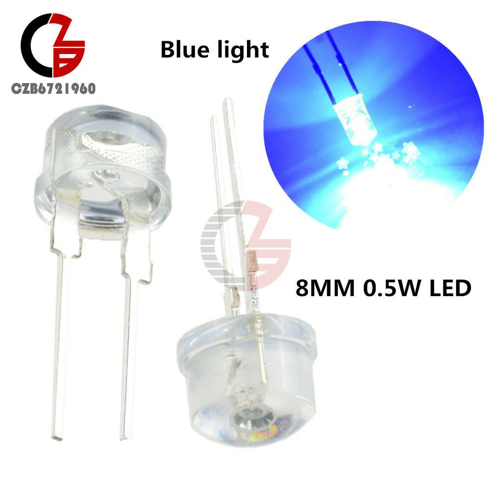 10PCS Blue Light 8mm 0.5W Straw Hat Transparent LED High-Power Emitting Diode