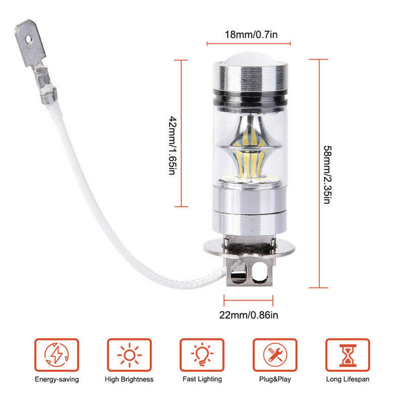 2PCS 100W White LED H3 High Power 2828 Car Fog Light Bulb DRL 1000L C Tt