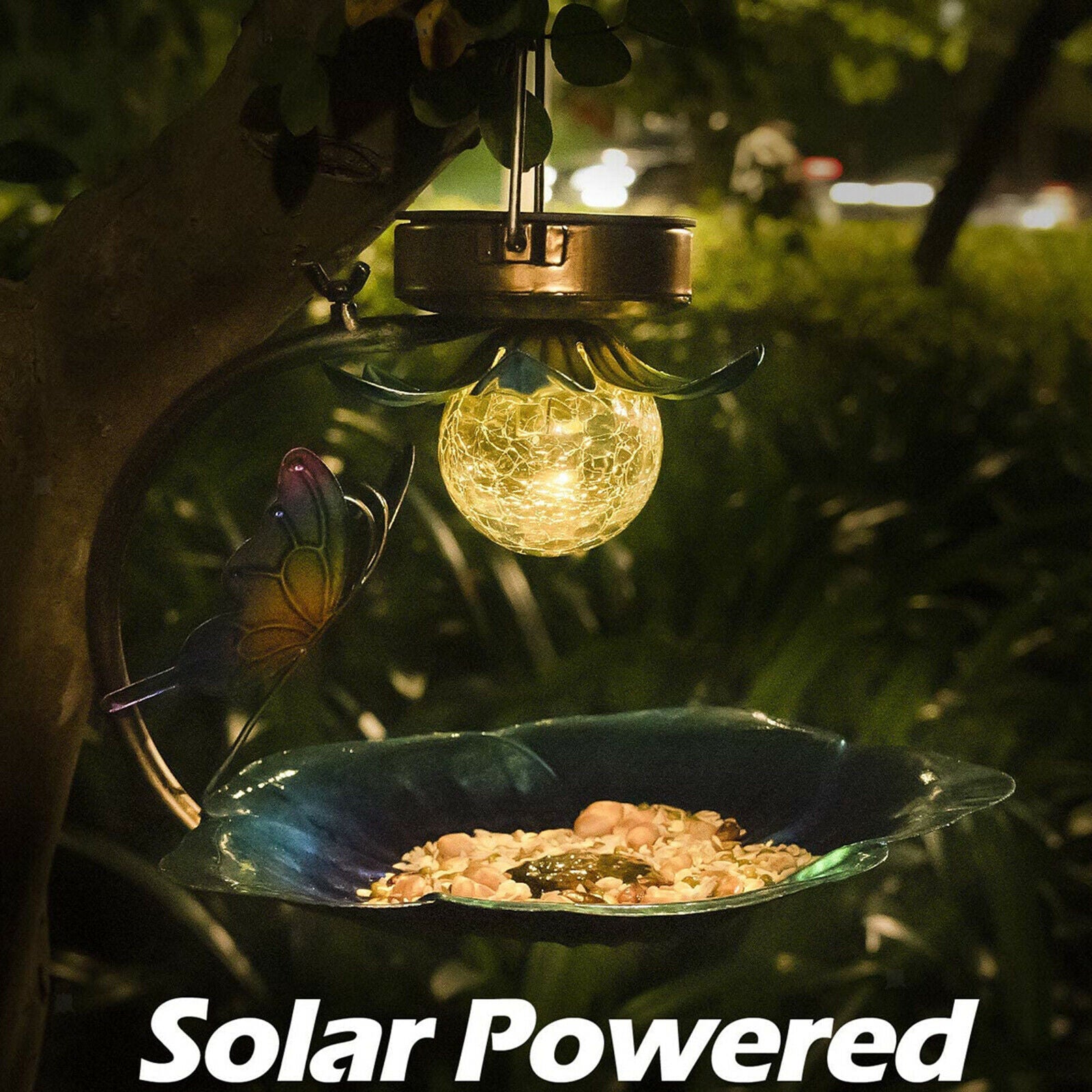 Solar Light Bird Feeder Bowl Outside Garden Decor LED Patio Bird Feeding