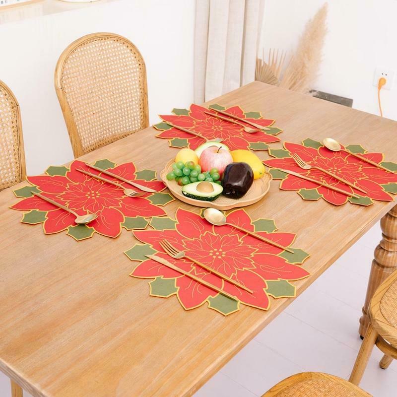 4 Pcs Christmas Flower Placemat Cutwork Embroidered Floral Christmas Flowers