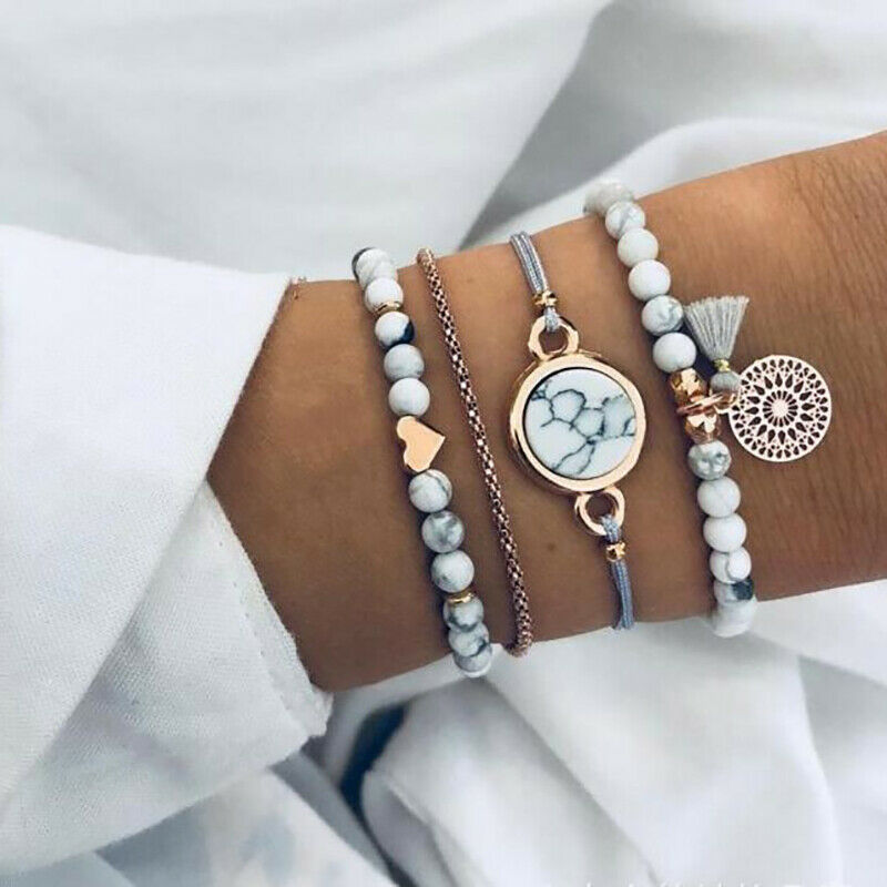 4Pcs/set Bohemian Stone Beads Bracelets Bangles Women Wrist Chain Bracele.l8