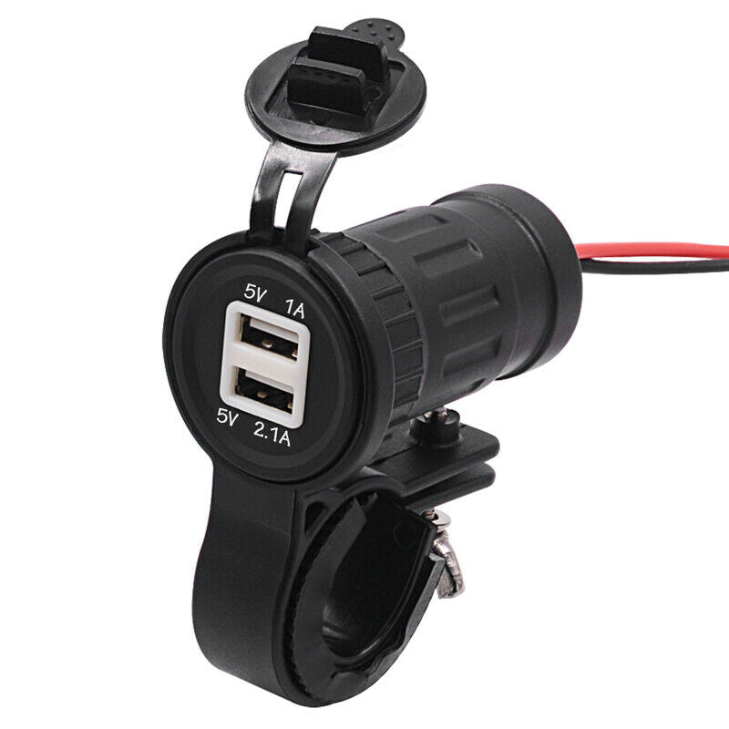 Dual USB 12V /24V Motorcycle Handlebar Charger Socket w/ Mounts Clamp Waterproof