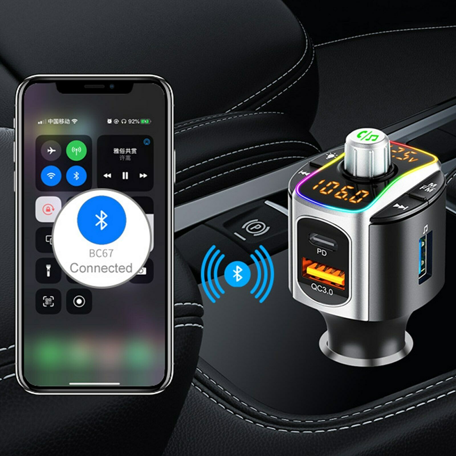 Car FM Transmitter BT 5.0 MP3 Audio Player QC3.0+PD Wireless Handsfree Car Kit