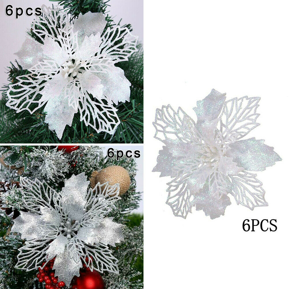 6Pcs Artificial Glitter Christmas Flowers Christmas Tree Ornaments Floral Decor
