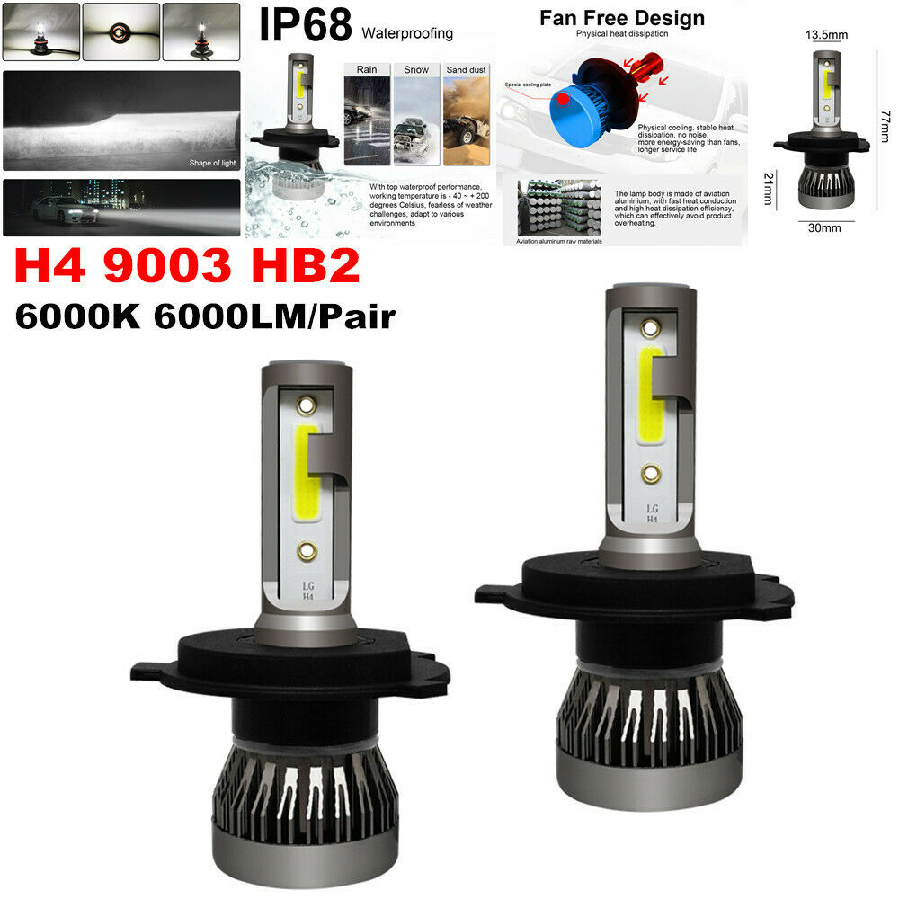 2PCS Car SUV 6000K H4 9003 HB2 LED Headlight Kit 1200W 6000LM Hi/Lo Beam Bulbs