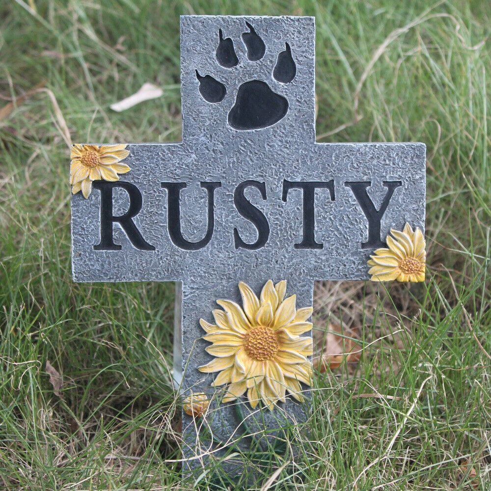 Pet Memorial Stone Cross Ornaments Dog Paw Print Gravestone Tombstone Outdoor