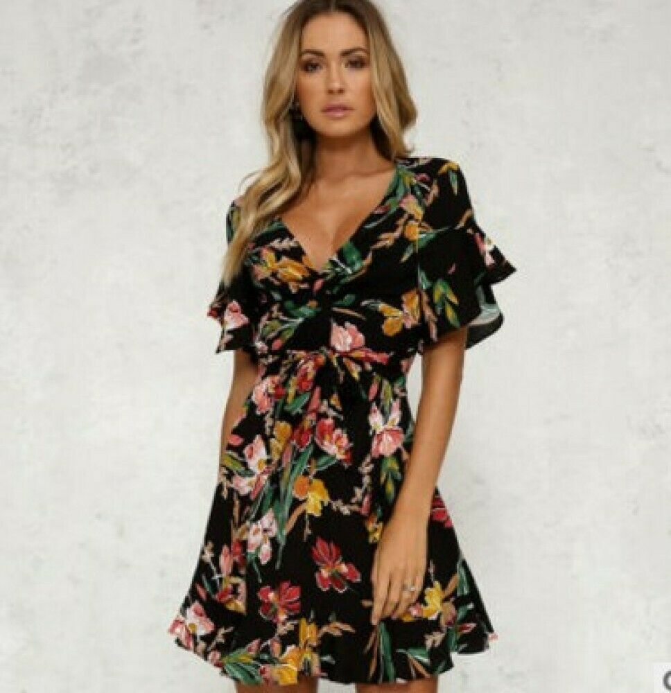 Women Summer Casual Short Sleeve Floral Evening Party Cocktail Beach Mini Dress