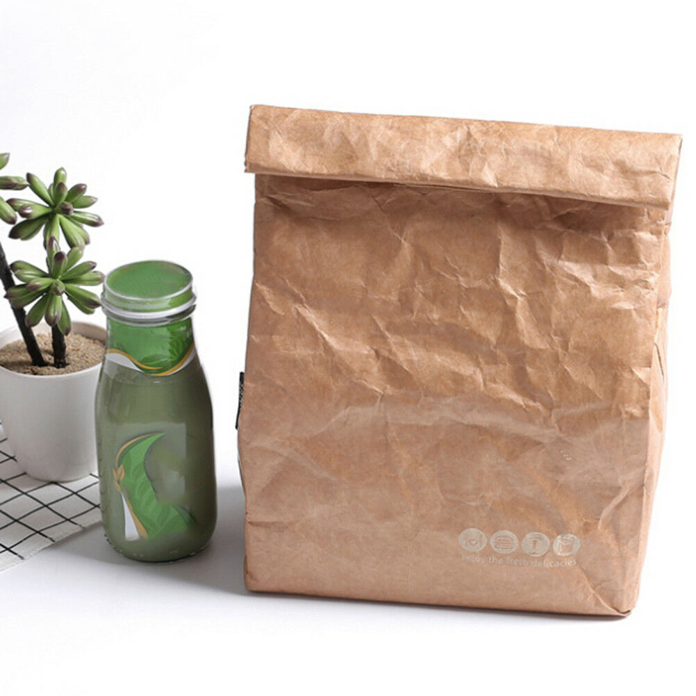 Brown Paper Lunch Bag Reusable Insulated Thermal Cooler Sack Magnetic Closul SJ