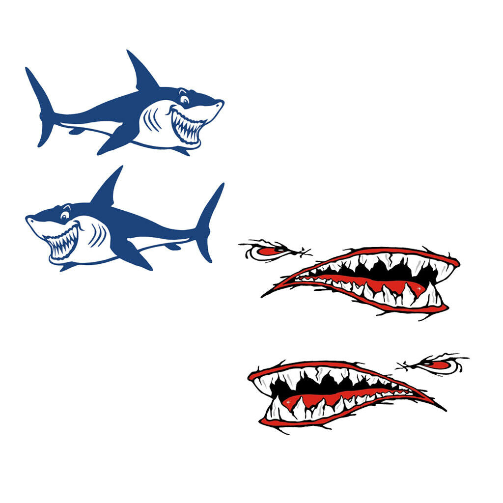 4 Pieces Reflective Stickers Shark +  Mouth Decals Kayak Ocean Boat Car Bumper