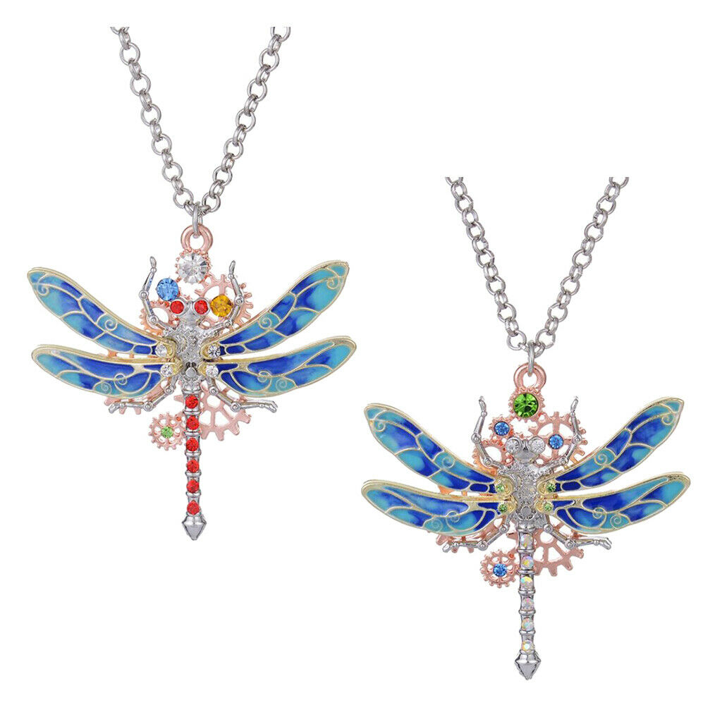 Steampunk Crystal Dragonfly Shaped Gear Pendant Women Gothic Necklace  Red