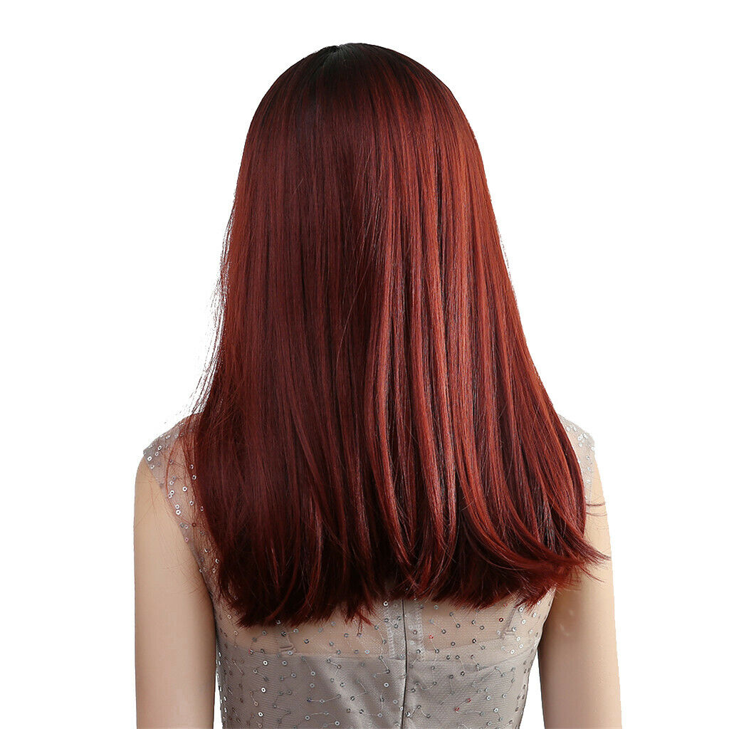20'' Charming Straight Synthetic Wigs W/ Neat Bangs Ombre Wine Red Women Wig