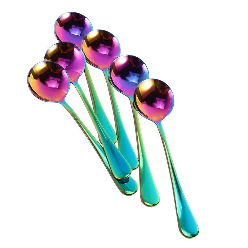 Rainbow Soup Spoons, Stainless Steel Round Spoons, Set of 6 (Soup Spoon) A1U7U7