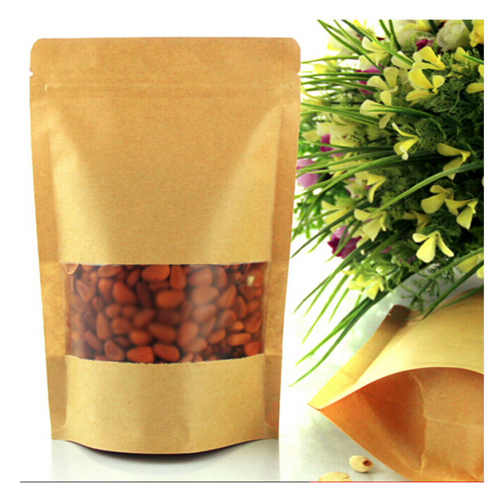 100X Kraft Paper Bags w/ Transparent Window Dry Food Coffee Storage 14x22+4