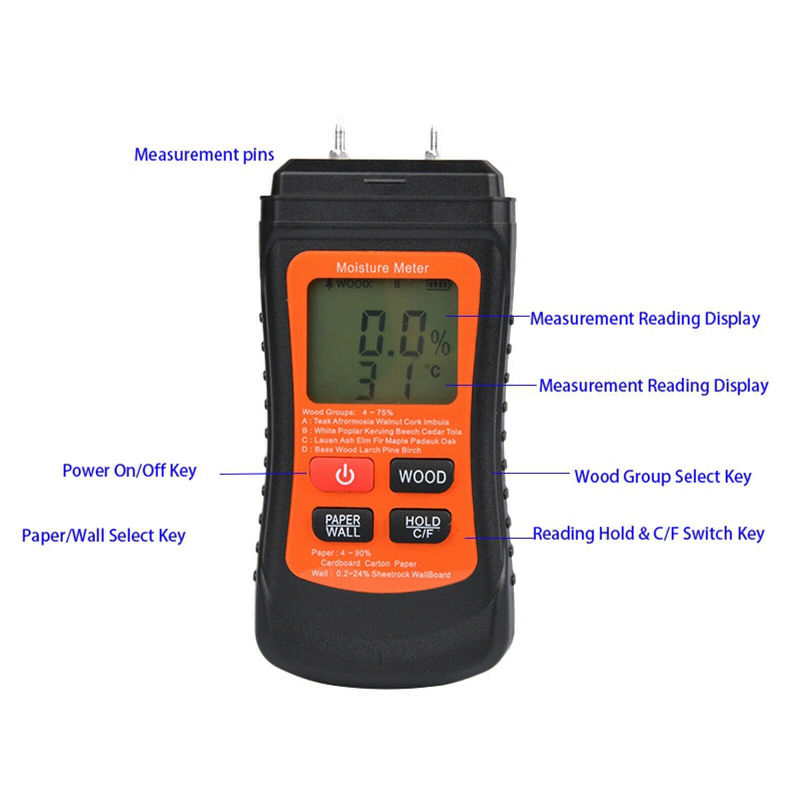 Handheld Wood Moisture Meter Hygrometer Pin-type Scanner for Walls Firewood
