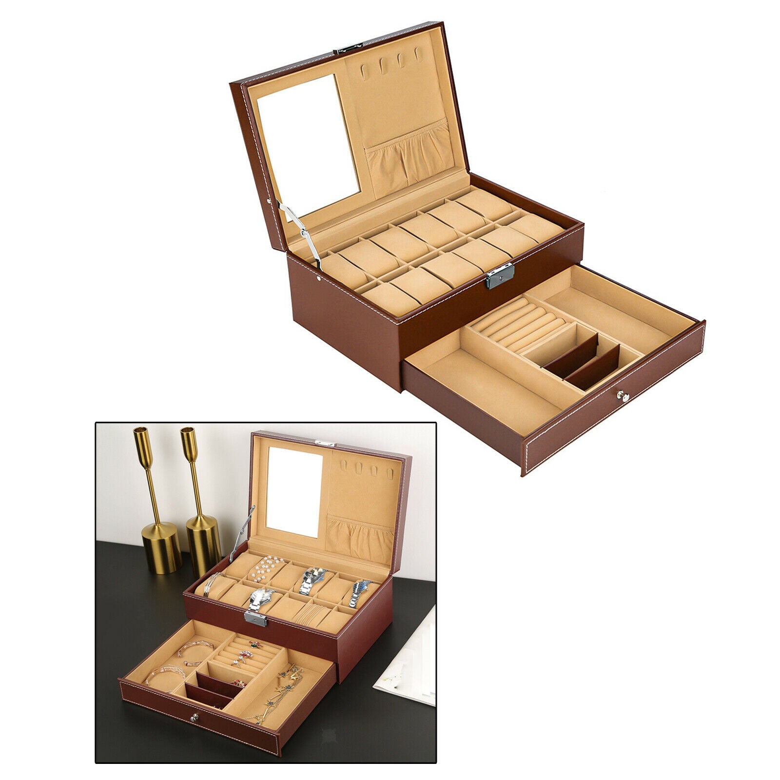 Jewelry Storage Box Double Layer PU Leather Storage Case for Watches Actors