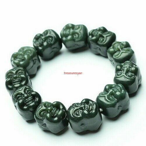 Certified Natural Hetian Dark Green Jade Happy Buddha Head Bead Bangle Bracelet