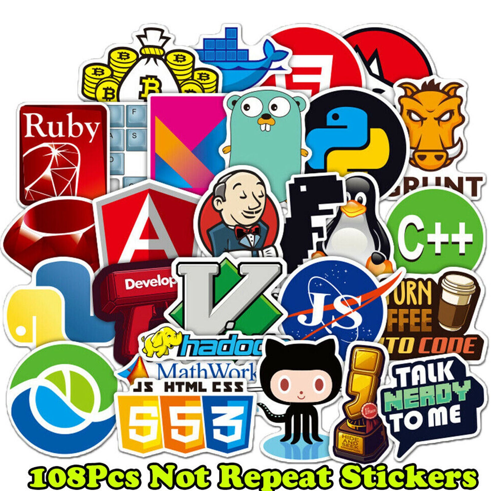 108x Developer, Programmer Stickers of Programming Languages and Internet Brands