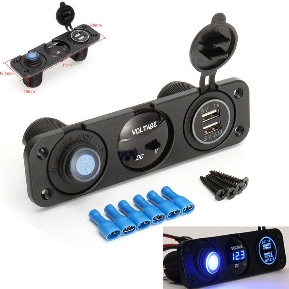 12V Digital Blue LED Rocker Switch Voltmeter Meter USB Charger for Car Vehicle