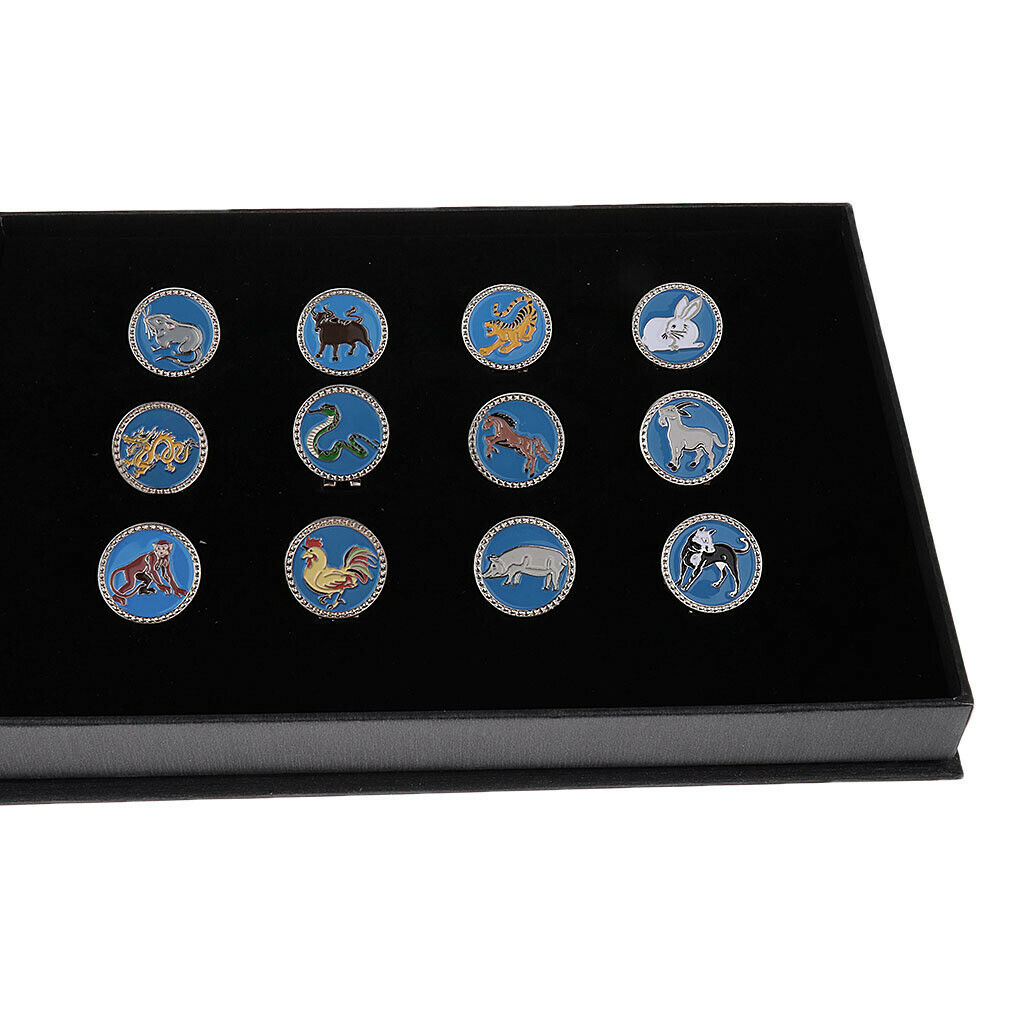 12 Pieces Chinese Zodiac Magnetic Hat Clip Golf Ball Markers with Gift Box