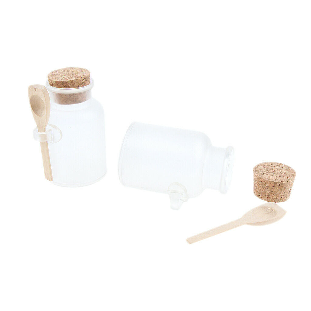 2 Pieces ABS Bath Salt Bottles Empty Clear Corked Jar with Wood Spoon  100g