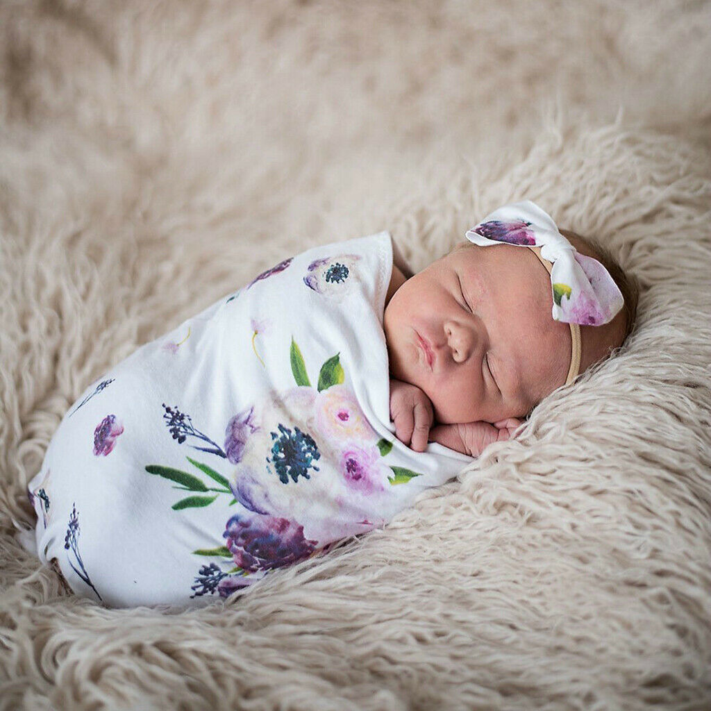 Newborn Infant Baby Swaddle Wrap Sleeping Bag with Hairband Set Purple