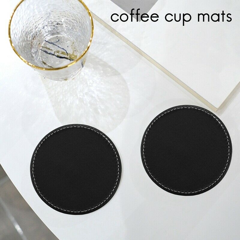 Set of 6 Leather Drink Coasters Round Cup Mat Pad for Home and Kitchen Use BlaZ2