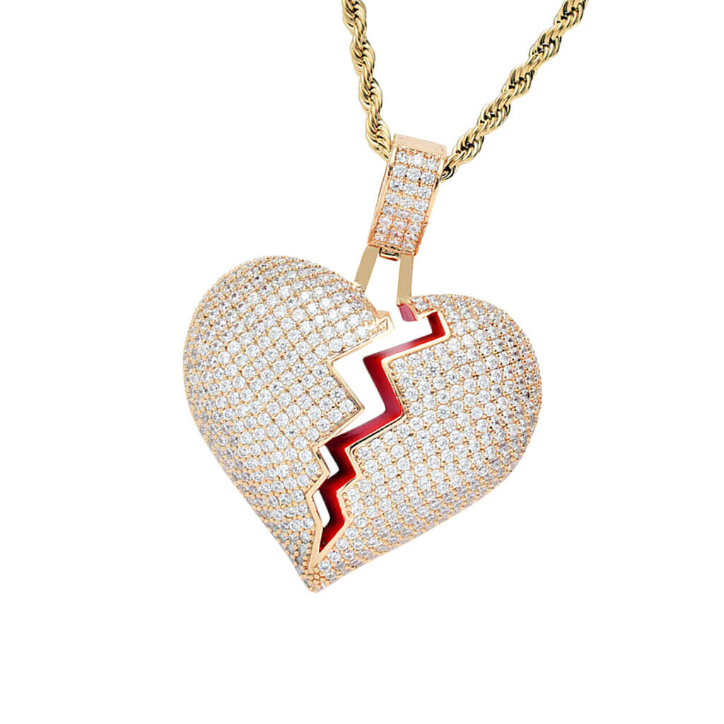 Heart-broken shape pendant zircon hip-hop necklace Golden