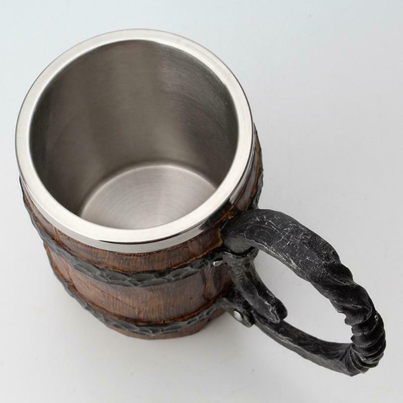 Wooden Barrel Beer Mug,Bucket Shaped Drinkware With Handle,Stainless Steel Doubl