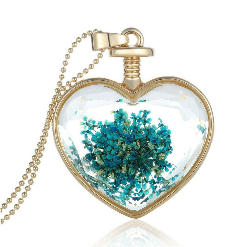 Dried Blue Flowers Heart Glass Current Bottle Pendant Necklace Jewelry Chain