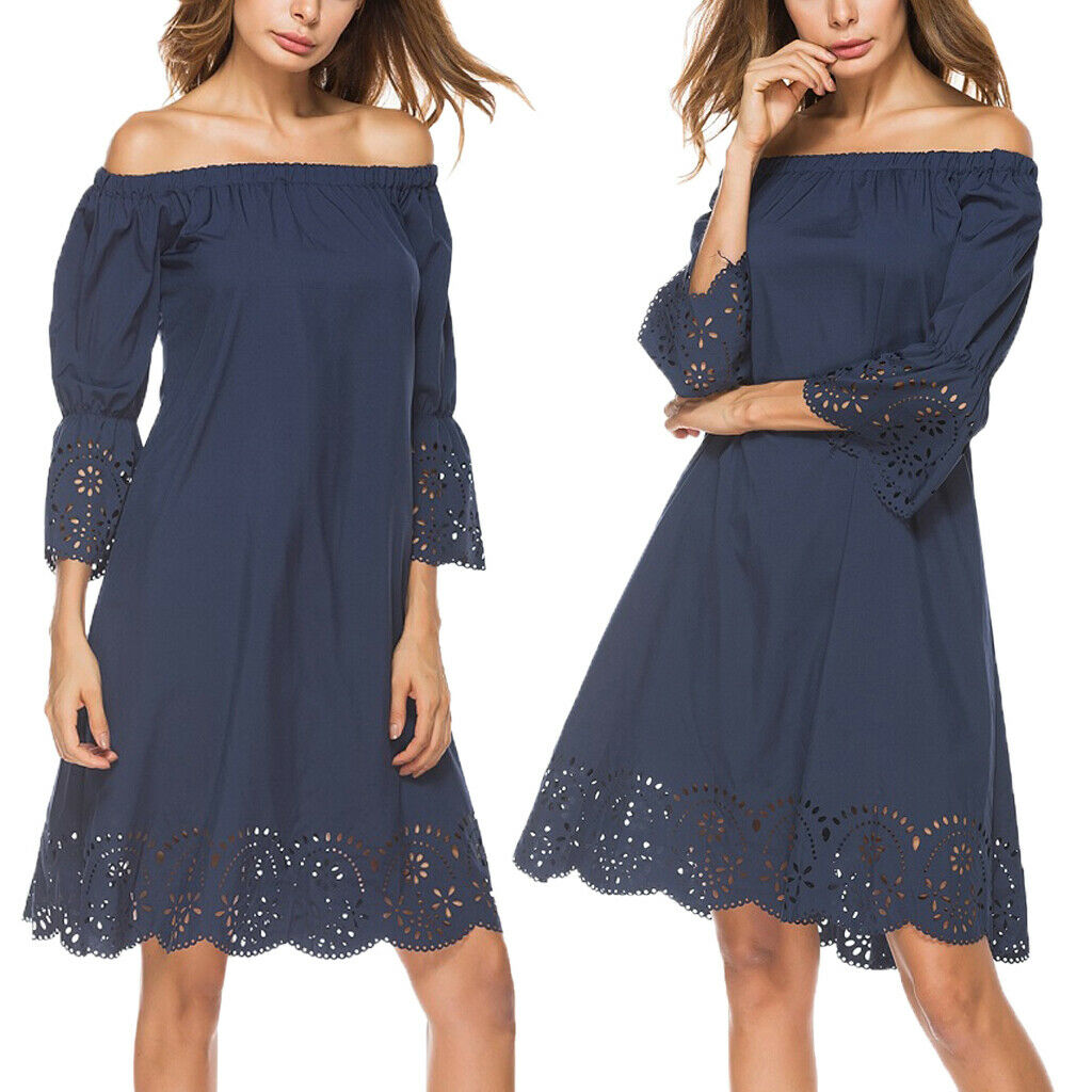 Women 3/4 Sleeve Skirt Off Shoulder Hollow Out Flower Hem Dress Darkblue 1XL