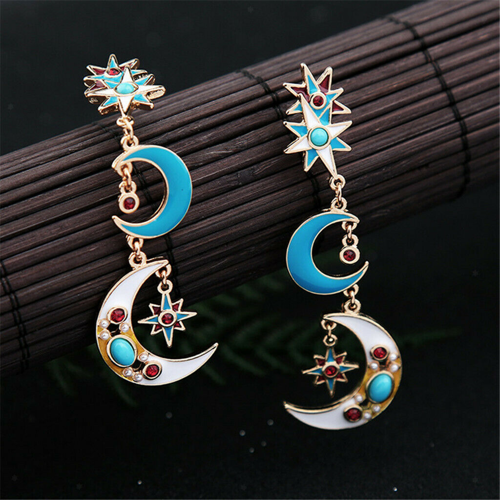 Metal Alloy Cute Charms Long Tassel Earrings Enamel Star Moon Stud Dangle