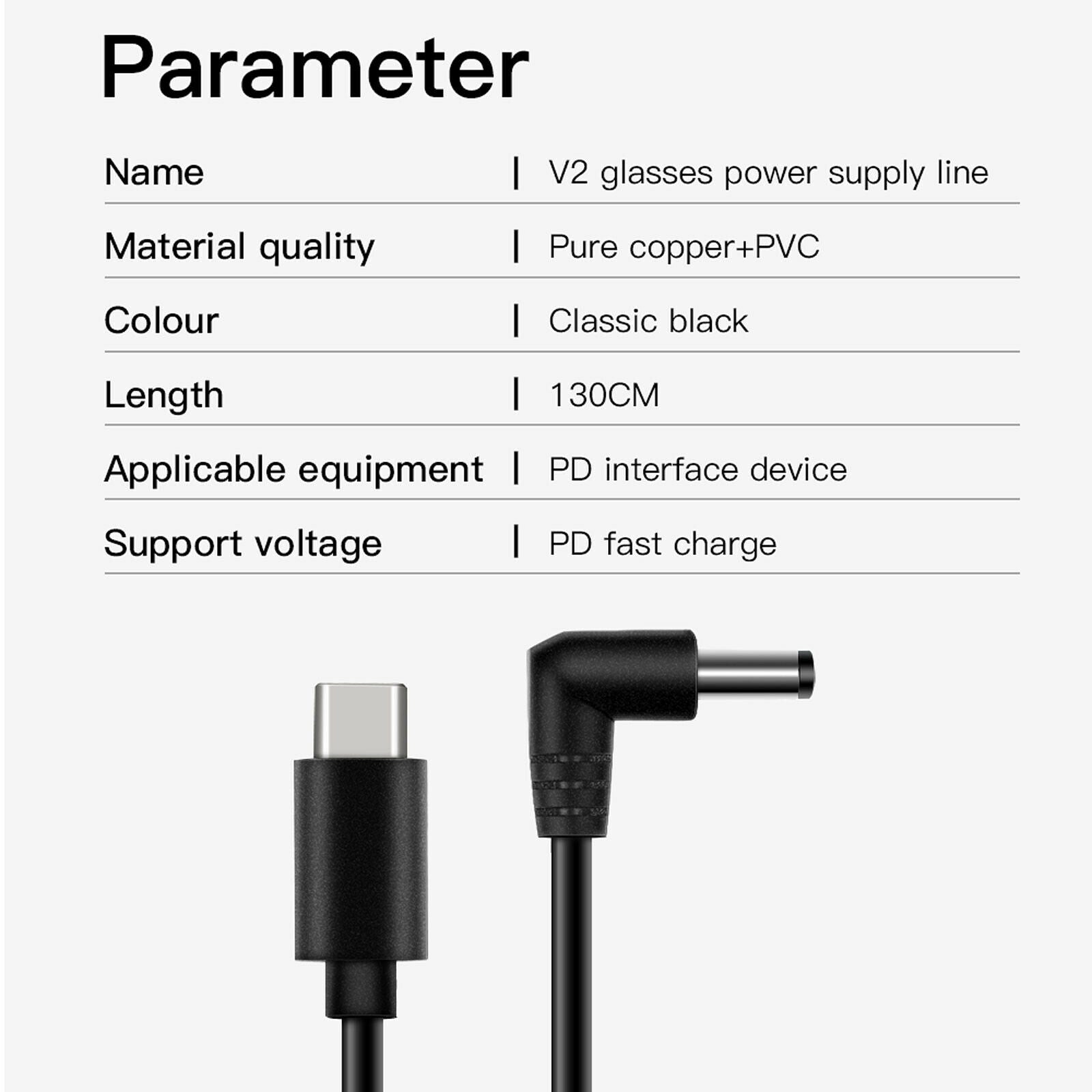 130cm Power Supply Cable Wire Cord PD Port for DJI PFV Digital Goggles Black