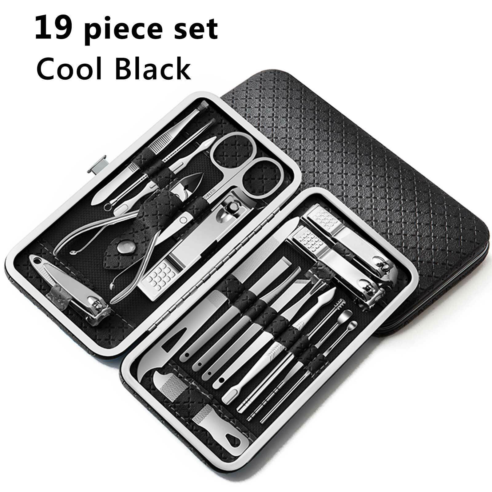 19Pcs PedicureAndManicure Cleaner Nail Clippers Stainless Steel Beauty Set BLACK