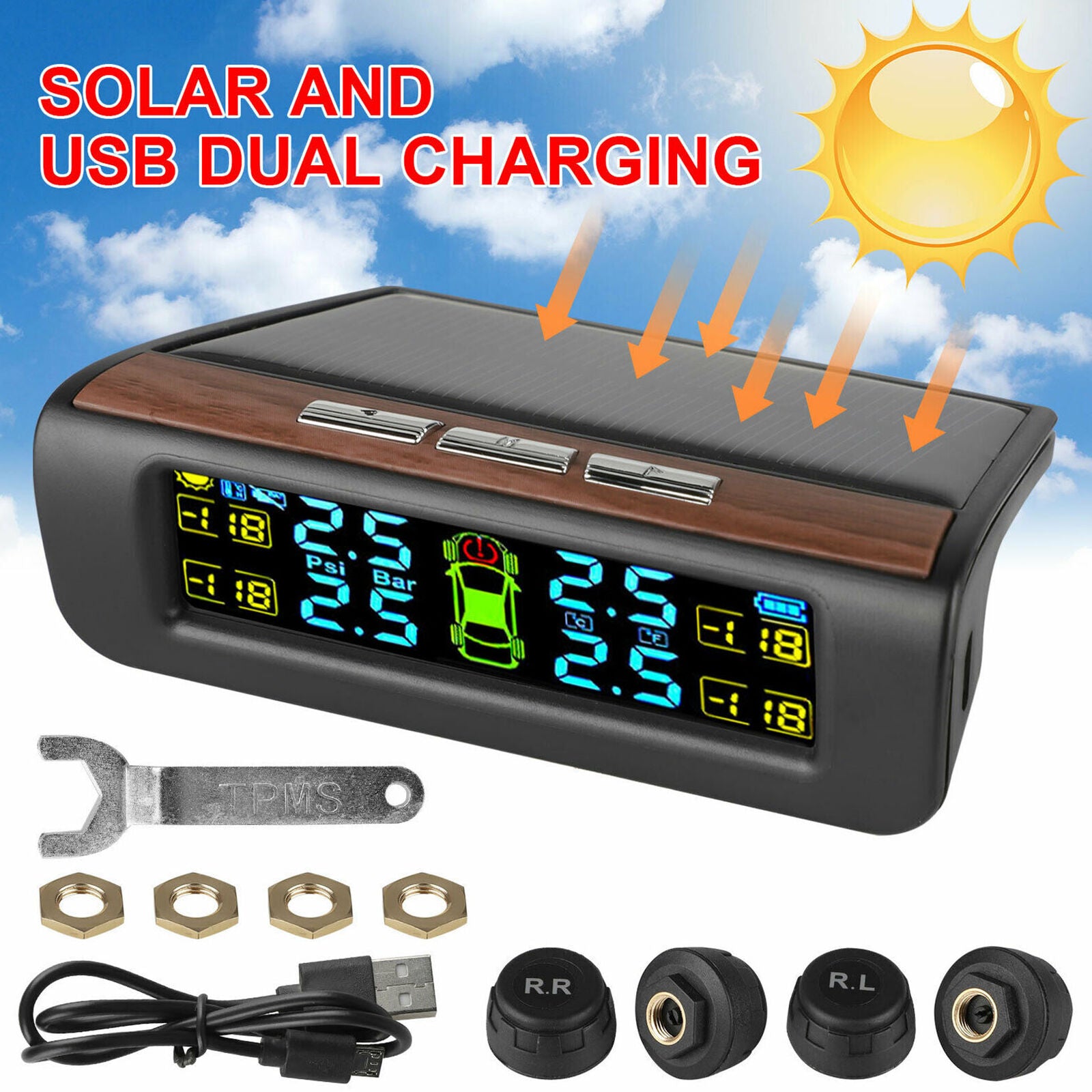 Solar TPMS Wireless Auto Car Tire Pressure LCD Monitoring System W/ 4 External