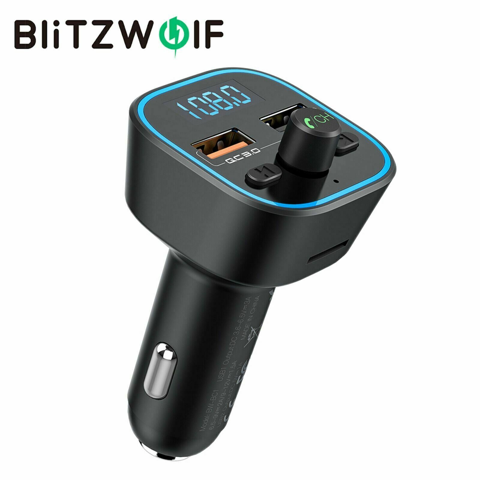 Blitzwolf BW-BC1 Bluetooth Car Kit Hands Free FM Transmitter QC 3.0 USB Charger