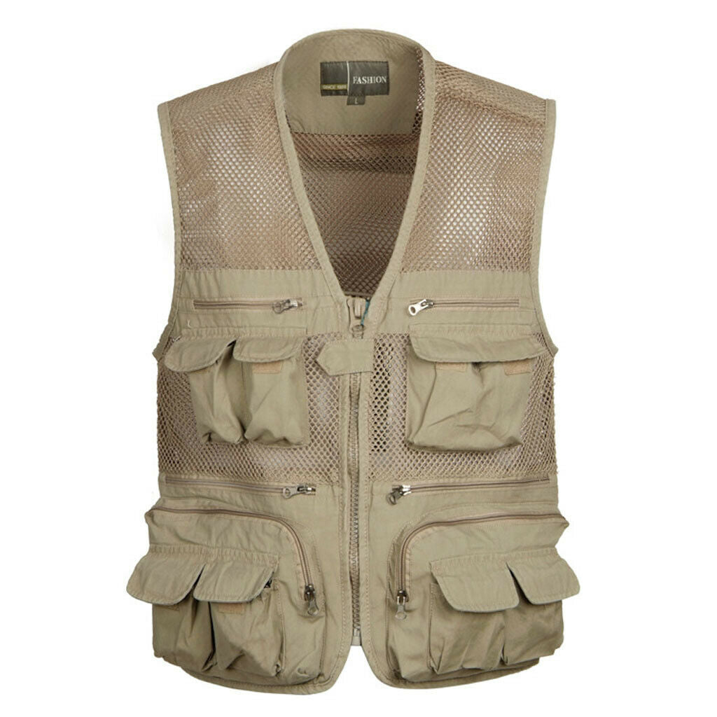 Men's Multi Pocket Zip Vest Hunting Fishing Outdoor Quick Dry Jacket Khaki L