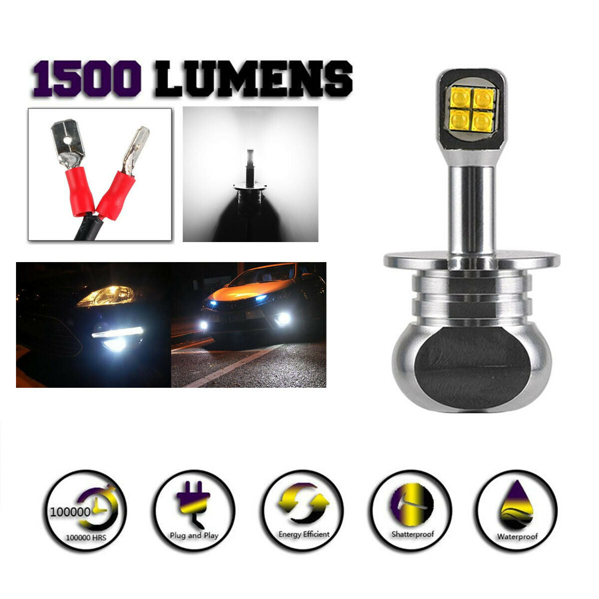 2pcs 6000k White H3 LED Fog Bulb Kit 's Replacement Light DRL 1900LM High Power