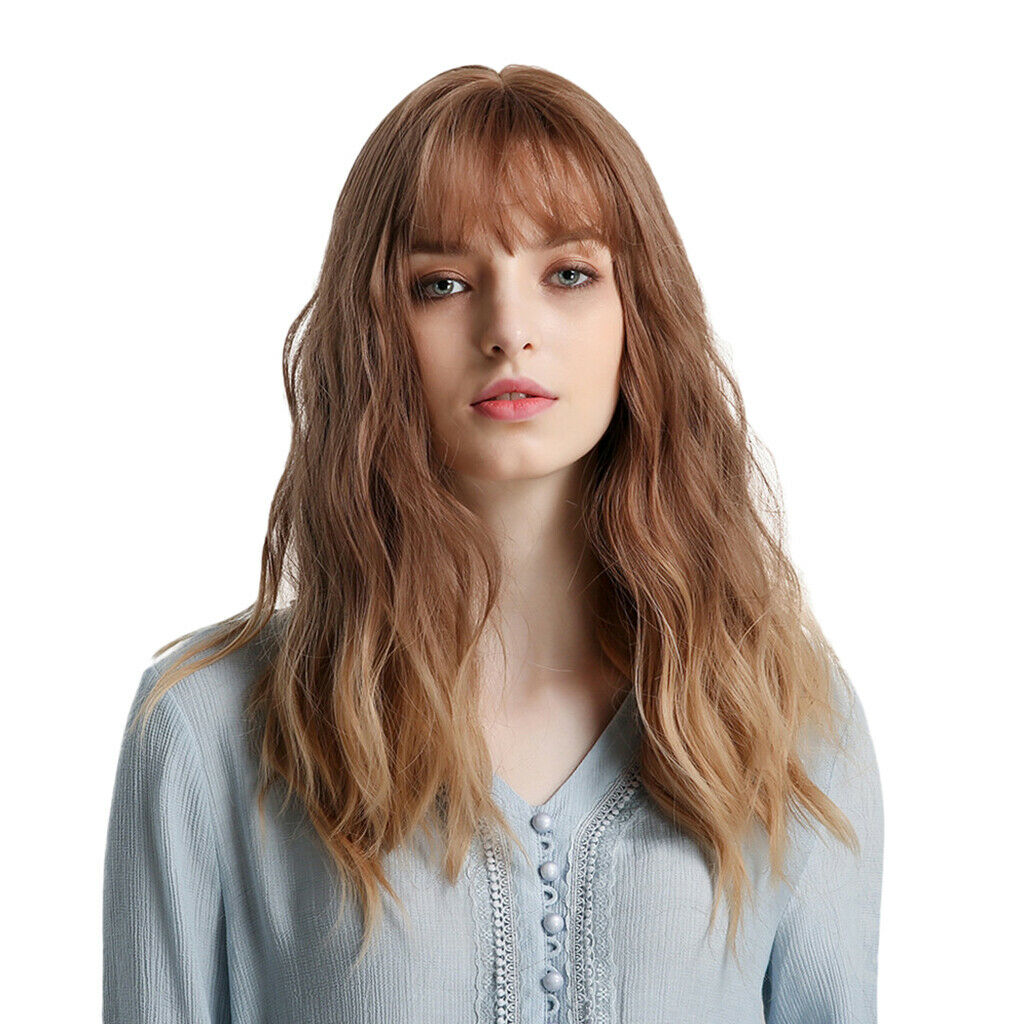 Women Wavy Synthetic Wigs w/ Neat Bangs Golden Brown for Daily Fashion Show