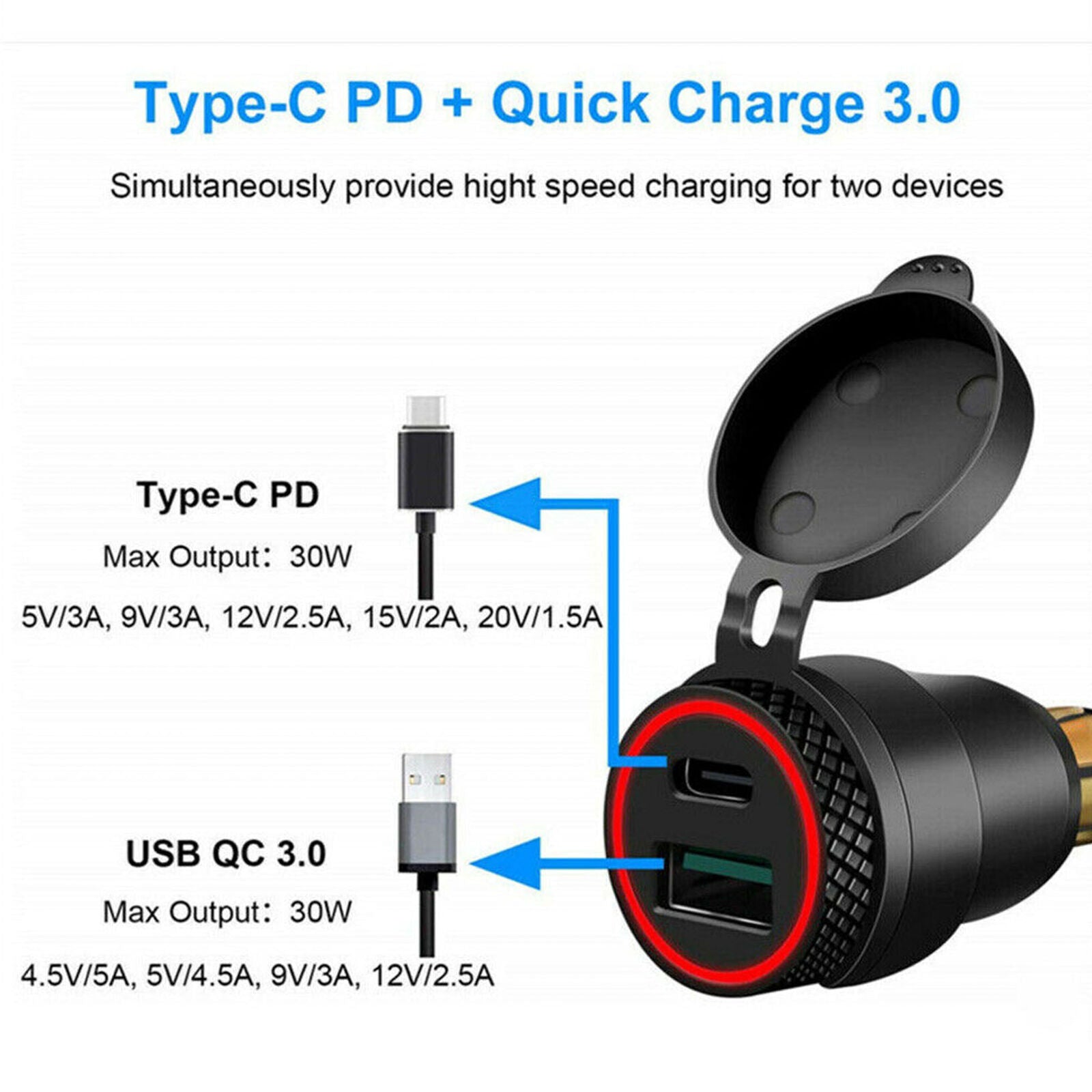 Red LED USB & Type C Charger Motorcycle Power Outlet Adapter For BMW DIN Socket
