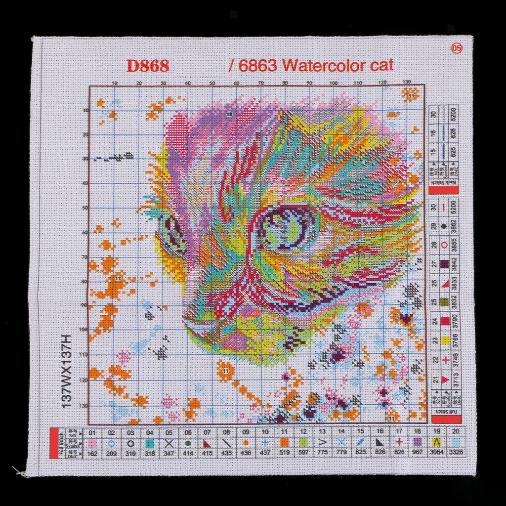 Watercolor Cat Pattern Stamped Cross Stitch Kit DIY Needlework 14CT 32x32cm