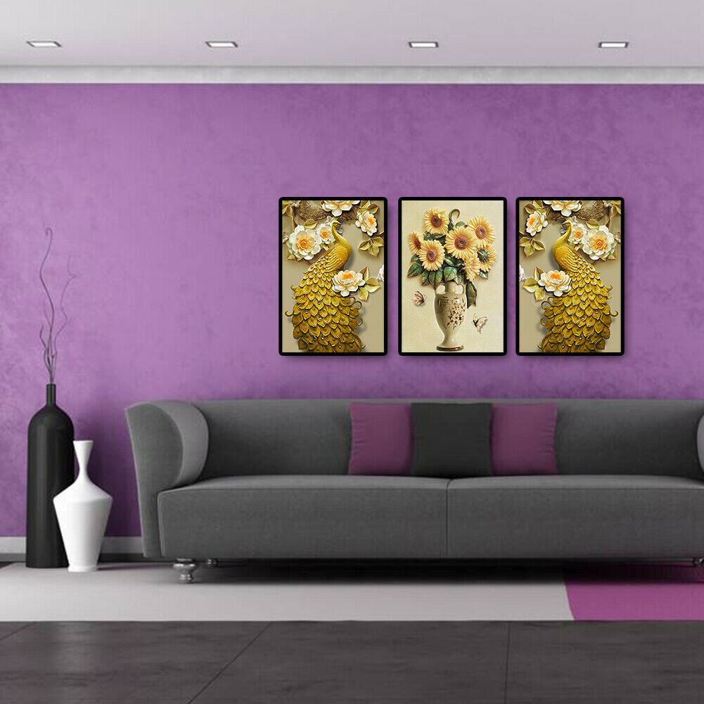 5D DIY Diamond Painting Golden Peafowl Flower Full Round Drill Embroidery  @