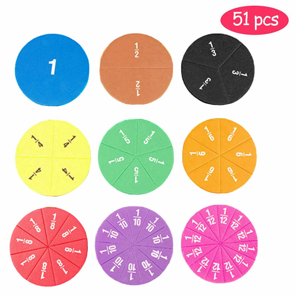 51pcs Rainbow Round Fractions Tiles Counting Children Kids Early Educational