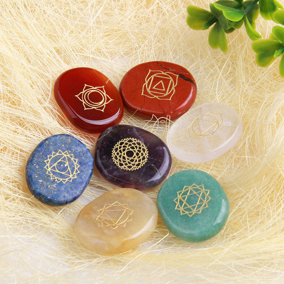 7 Chakra Engraved Gems Set Reiki Healing Quartz Crystal Meditation Stones