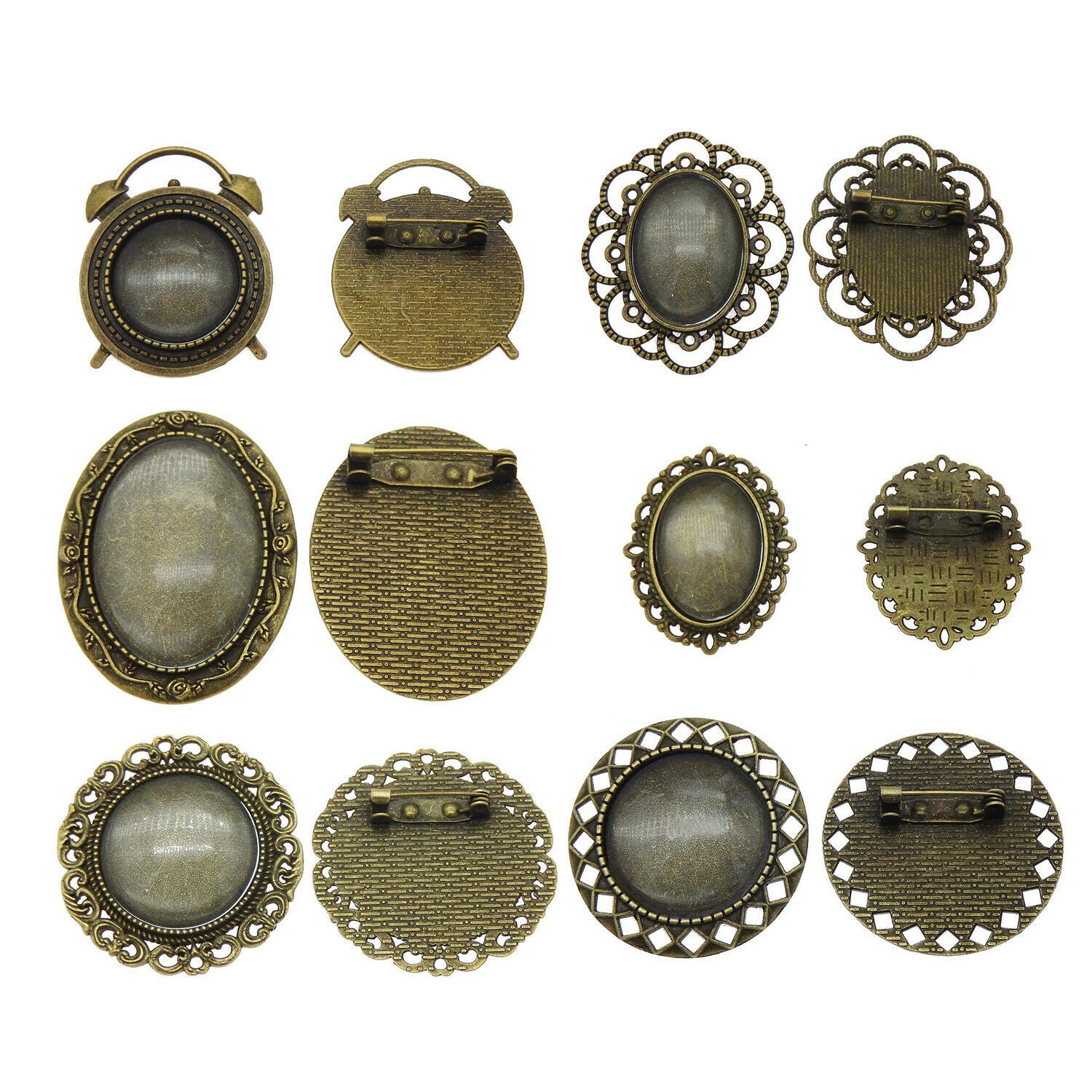 6 sets Mix Antiqued Bronze Pin Brooches Bezel Base Settings with Glass Cabochons